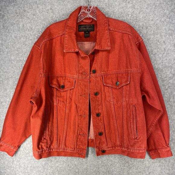 ❤️ Eddie Bauer Womens M Petite Red Denim Trucker Jacket Vintage Seattle ❤️ - Picture 2 of 9